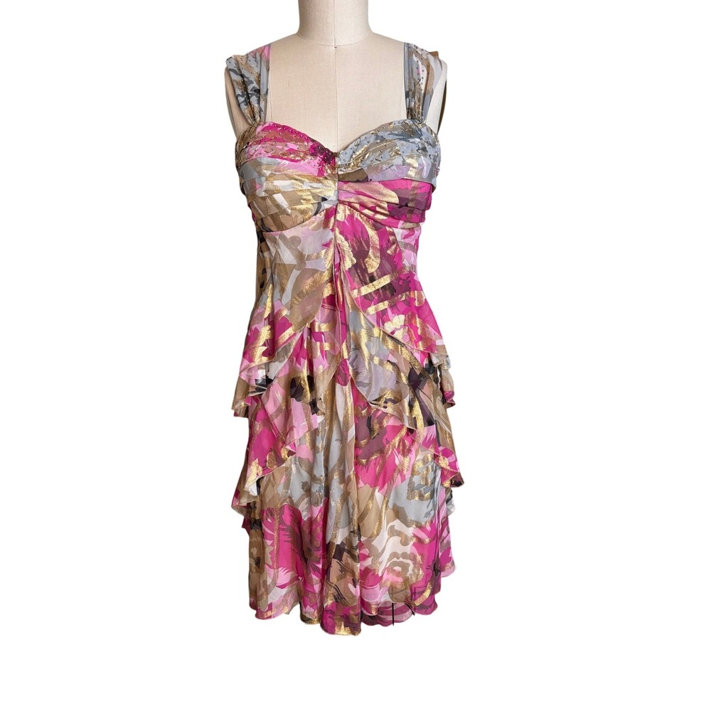 Signature by Robbie Bee Cocktail Dress 10 Pink Gold Metallic Beaded Ruffle